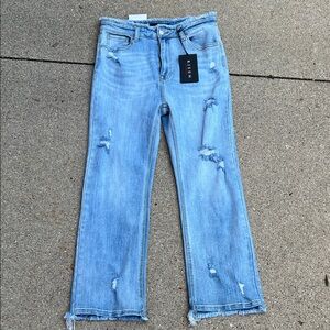 Risen Light Blue Distressed Frayed Edge Straight Leg Jeans - NWT